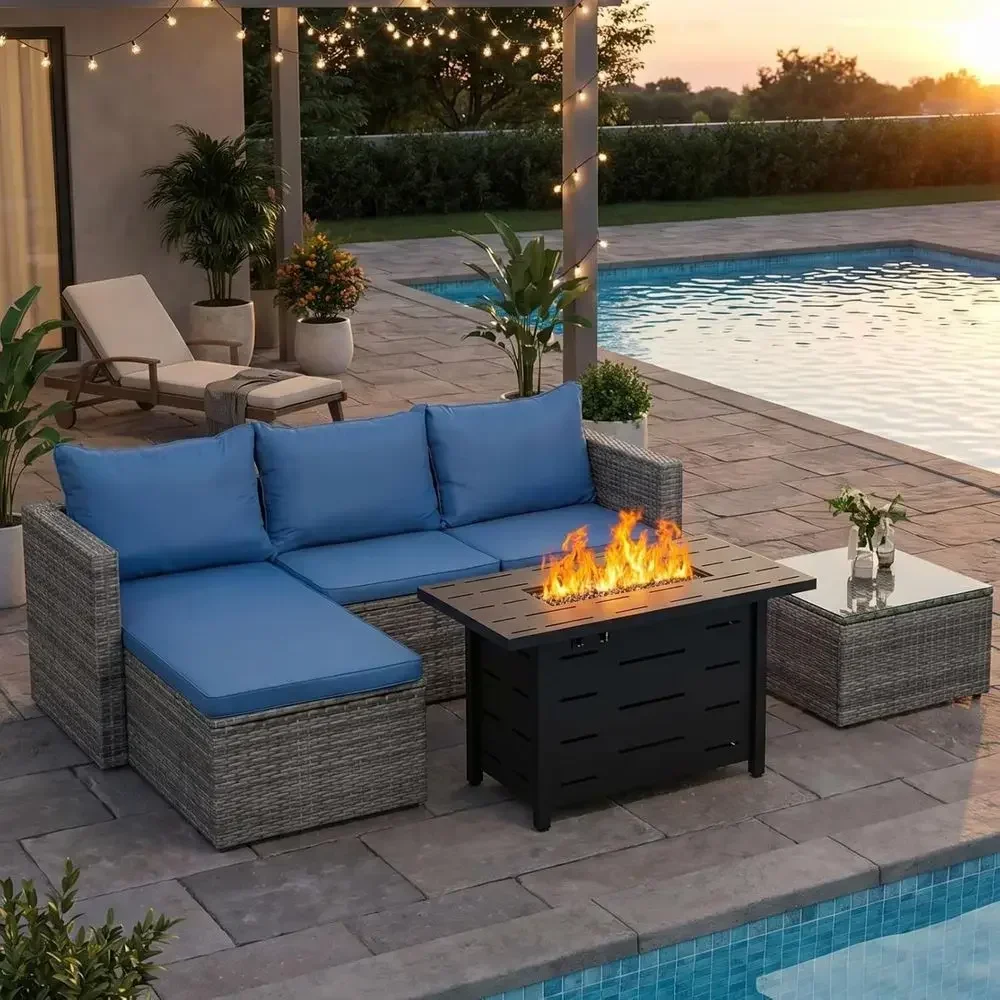 Outdoor Furniture With Fire Pit - طقم أثاث خارجي من الخيزران مكون
